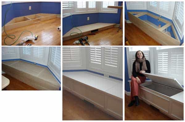 A custom window seat maximizes the storage space available for kitchen pots and pans