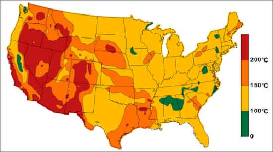 map showing where geothermal, an alternative energy resource, is available across the US