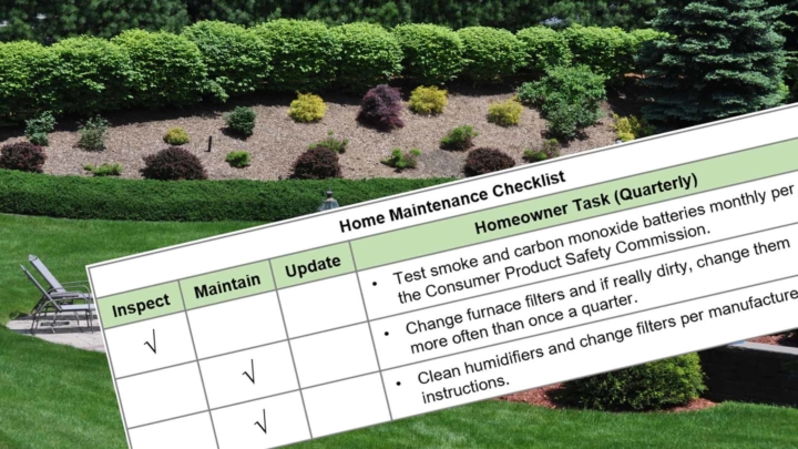 home maintenance checklist imposed over photo of someone's backyard