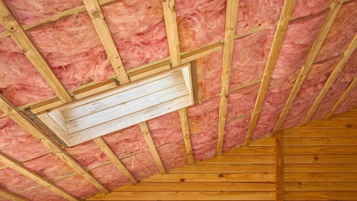 pink fiberglass insulation in sloped roof