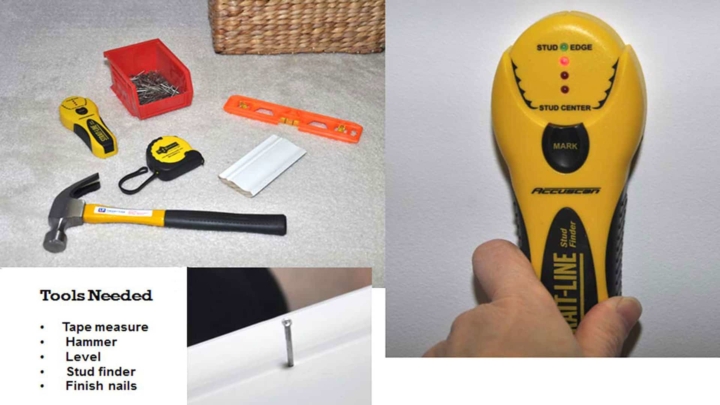 Tools needed for shoe storage using crown molding - tape measure, hammer, level, nails & stud finder