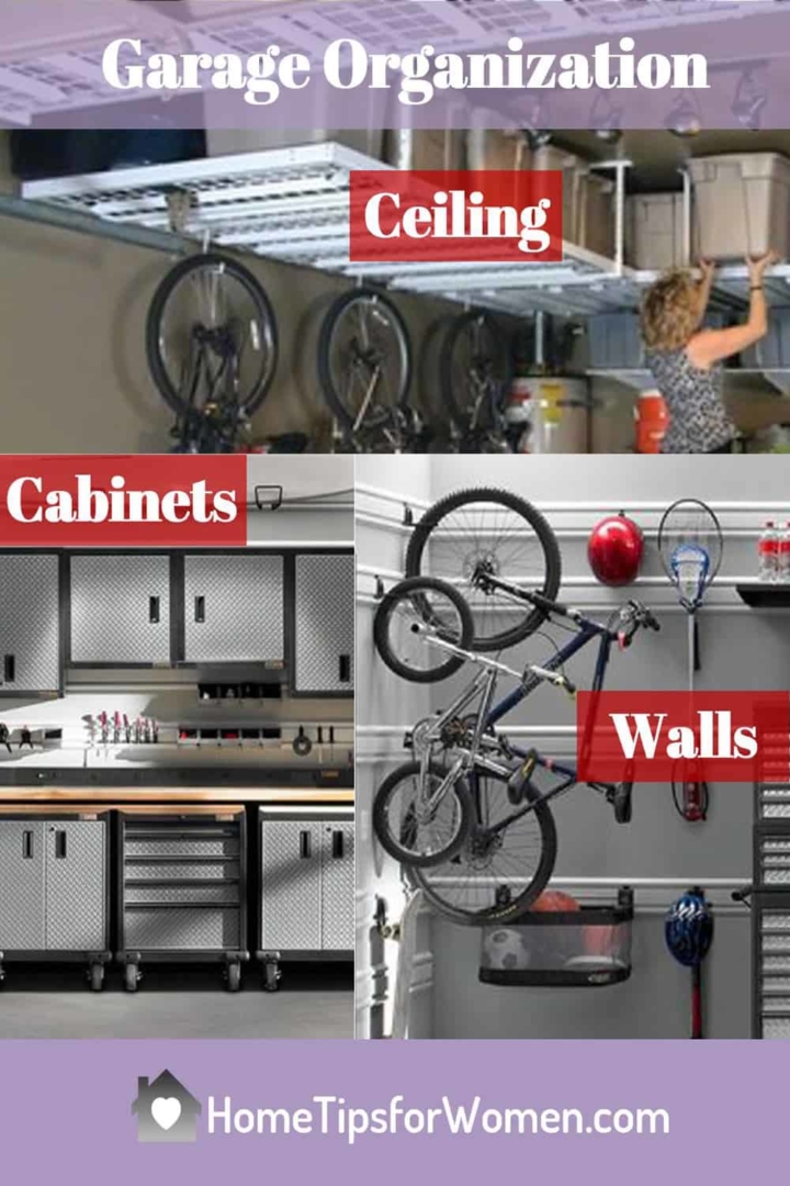 Collage showing DIY garage organization using ceilings, cabinets & walls