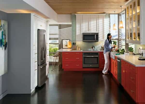 a slate appliance goes with any color including these red cabinets