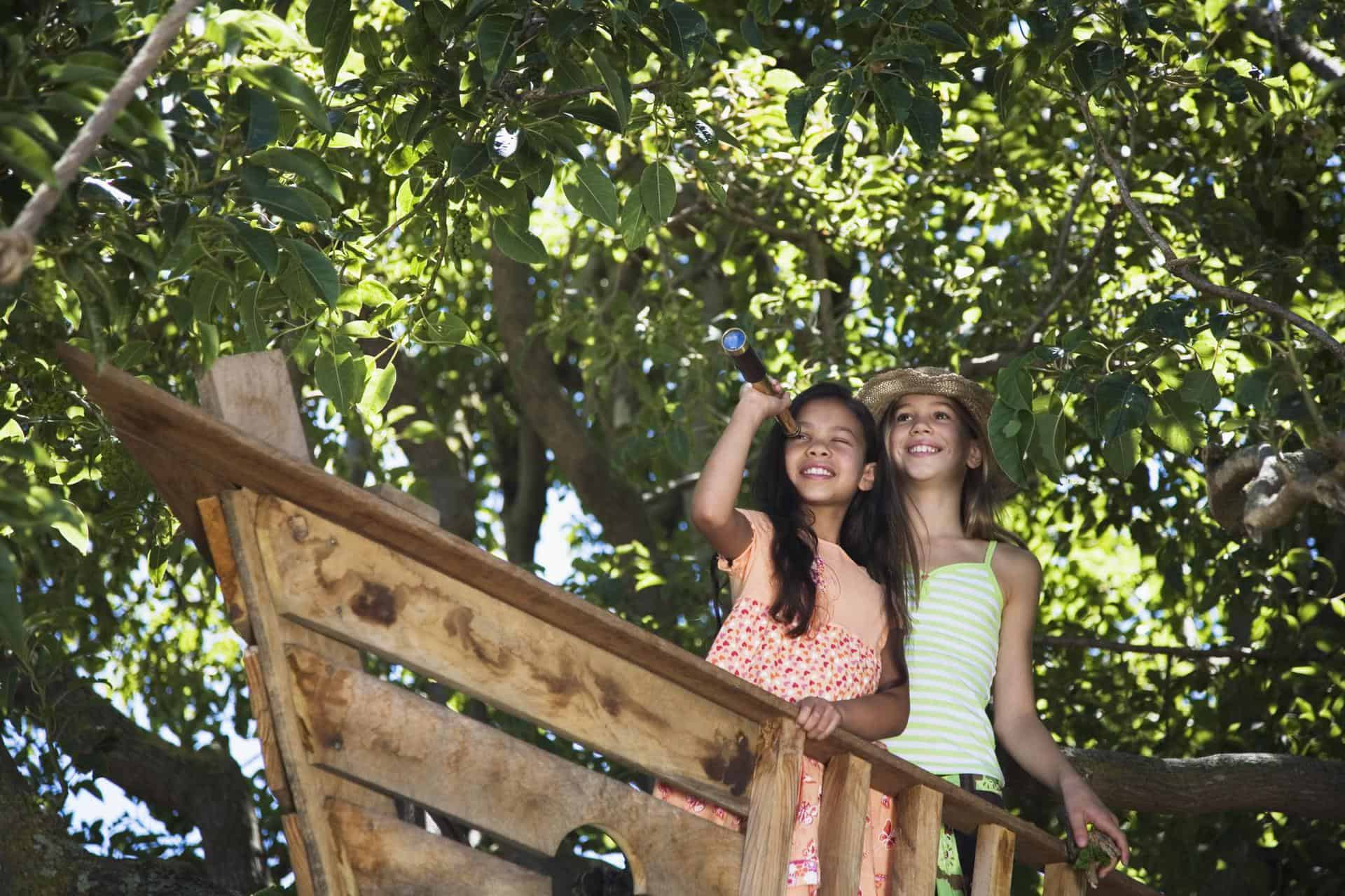 prioritize your landscaping ideas with your families favorite activities like these girls high up in their treehouse