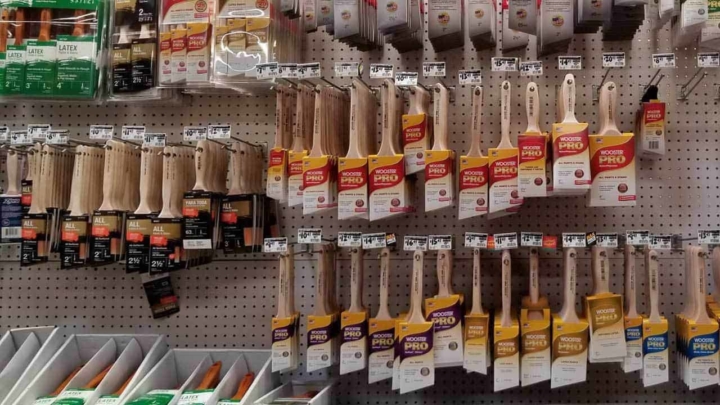 paint brushes for sale at one of the big box stores, showing they offer Wooster brushes & cheaper off brand brushes too