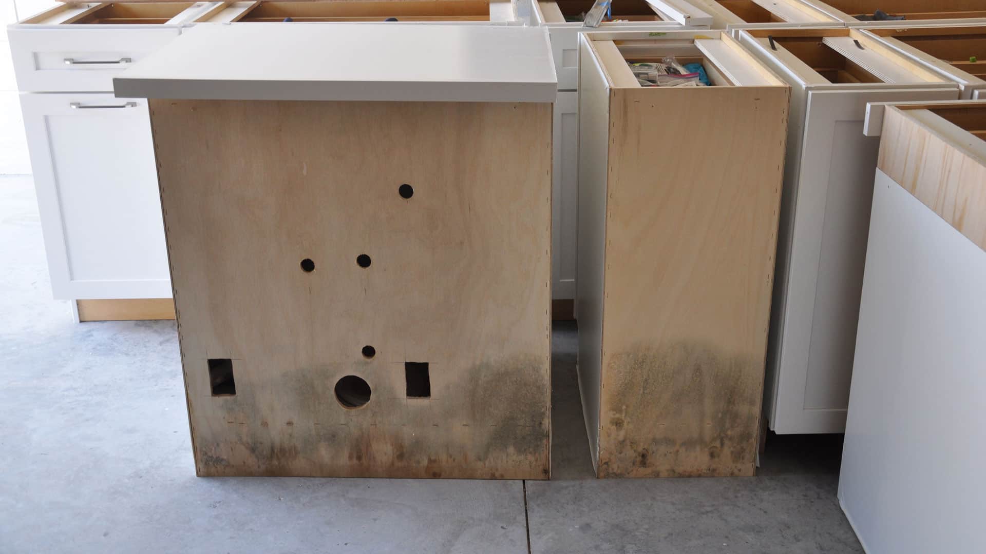 backs of kitchen cabinets showing mold growth, which is why you have to learn how mold can affect your health