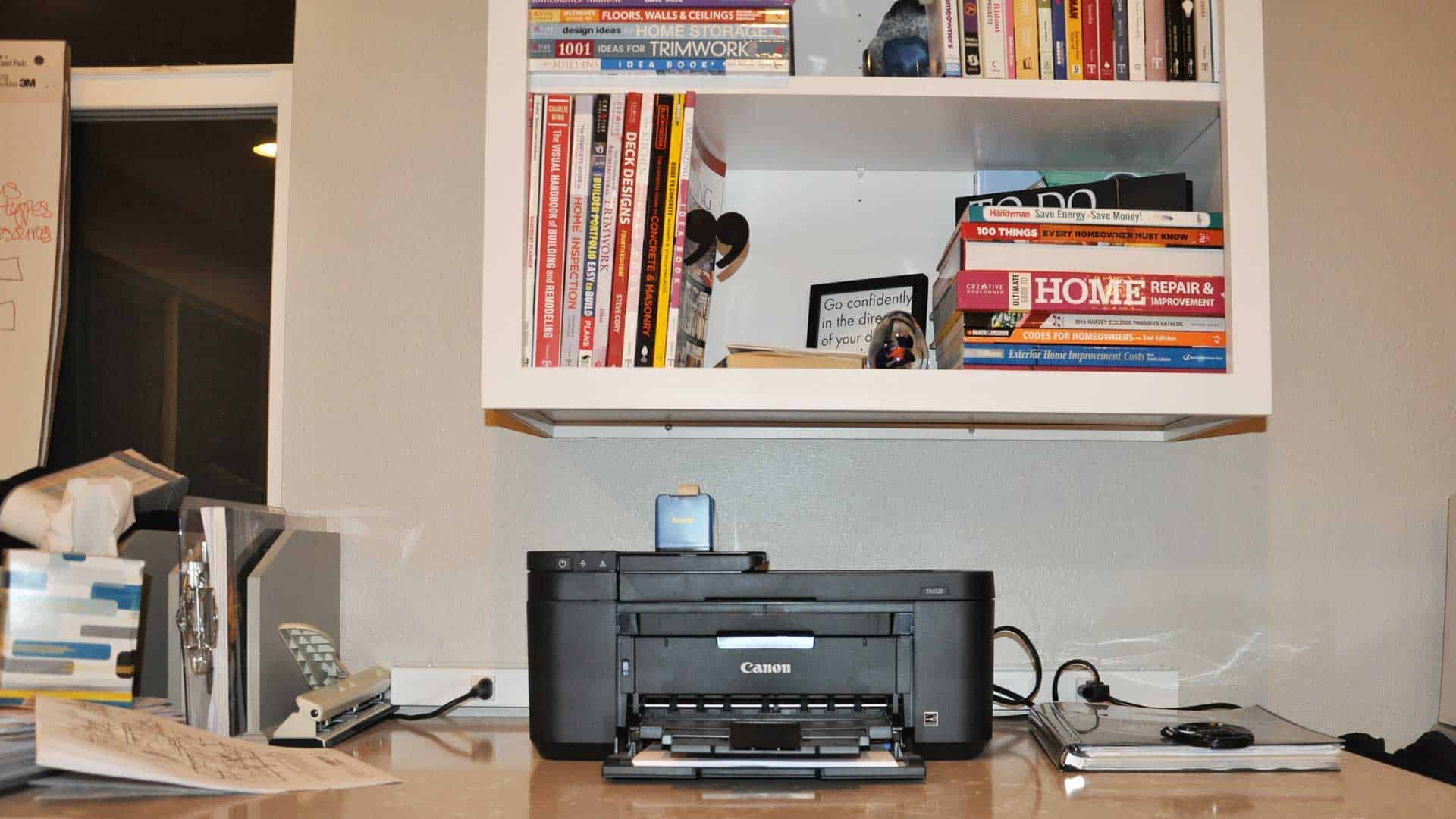 home office countertop with outlet strip for computer, printer & so much more