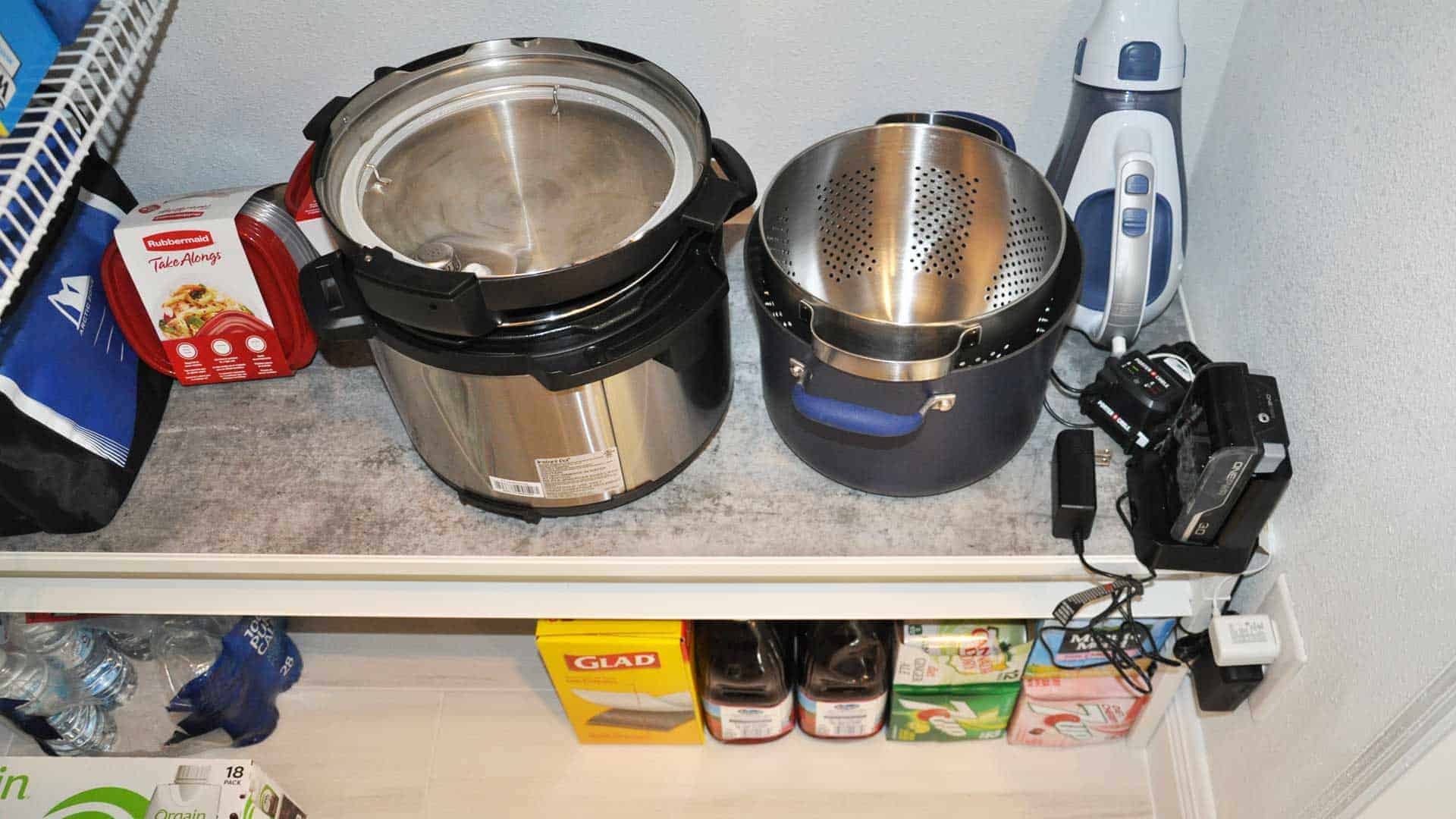 pantry shelf with too many gadgets for just 2 outlets, so I updated electrical checklist for 4/more outlets