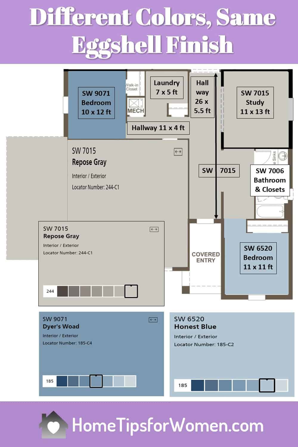 floor plan showing various paint colors, all done with an eggshell paint finish