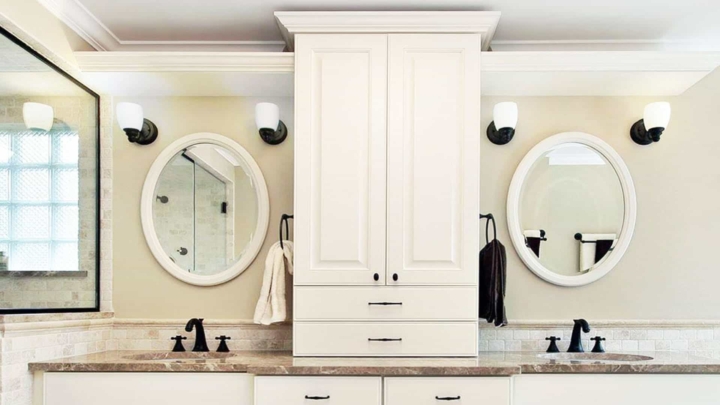 Bathroom crown at ceiling, drop ceiling & capping cabinet