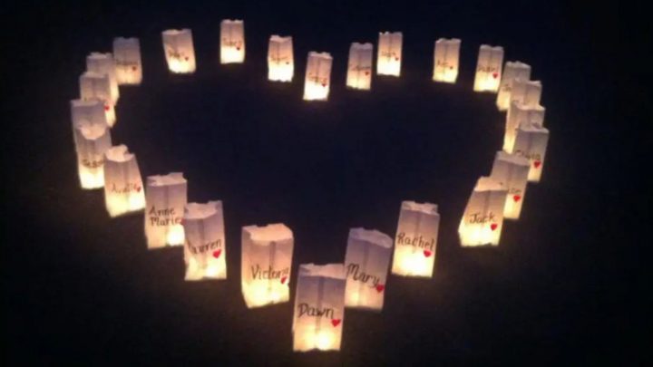 Luminarias, one for each person lost at the Sandy Hook elementary school shooting ... in heart shape