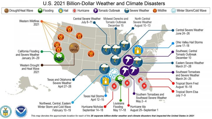 US map showing the record breaking weather events in 2021 ... events that are affecting homeowner insurance costs