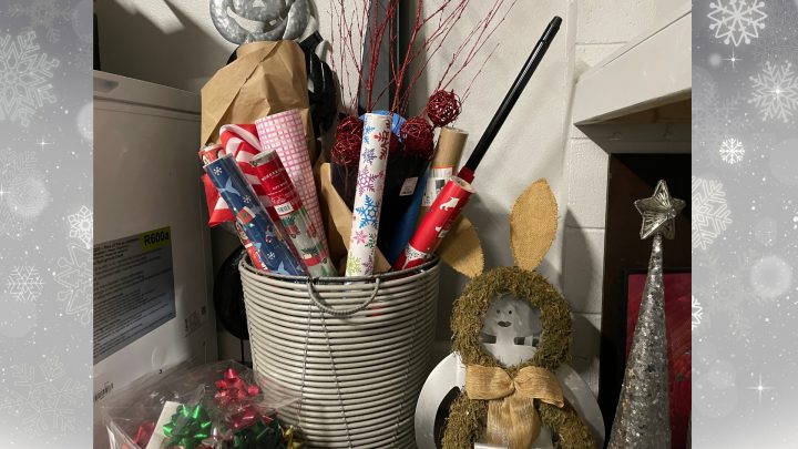 Wrapping paper organizer is a large basket in the garage, stored with all my holiday decorations ...